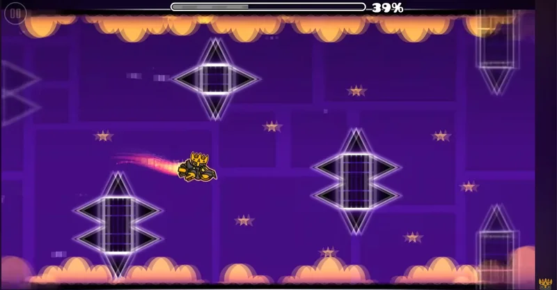Geometry Dash gameplay screenshot showing colorful obstacles and geometric shapes
